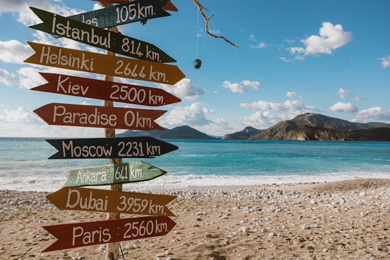 Colorful signpost on beach showing distances to various cities, sunny day.