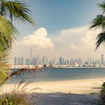 Explore Dubai's iconic skyline from a scenic beach with lush palm trees framing the view.