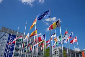 Low angle view of European Union flags on flagpoles against a blue sky, symbolizing unity. International Travel