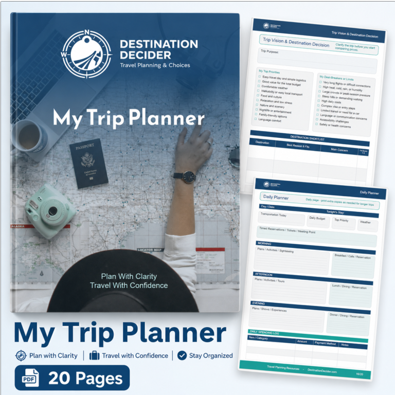 Destination Decider My Trip Planner — a 20-page printable trip planner, shown with sample interior worksheet pages